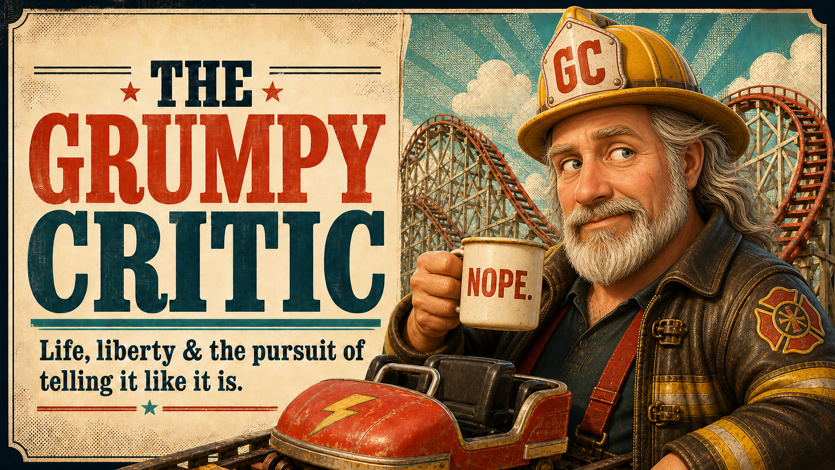 The Grumpy Critic, a retired firefighter with a skeptical smirk, holding a NOPE mug beside a roller coaster